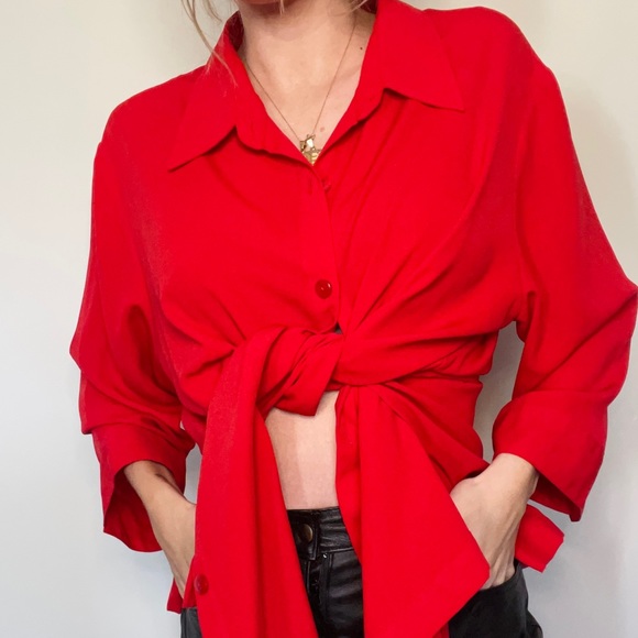 Vintage Fire Red Button Down Blouse - Picture 2 of 4